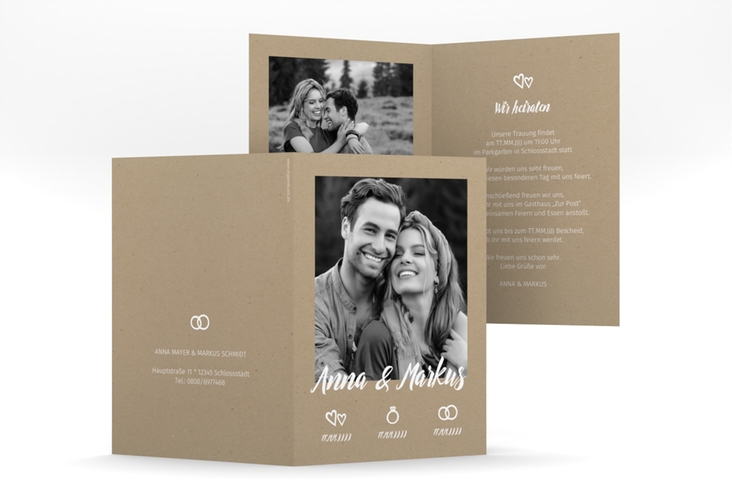 Einladungskarte Hochzeit Icons A6 Klappkarte hoch im Kraftpapier-Look mit Foto