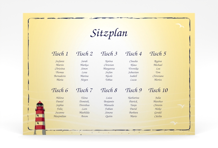 Sitzplan Poster Hochzeit Sylt 70 x 50 cm Poster gelb mit Leuchtturm