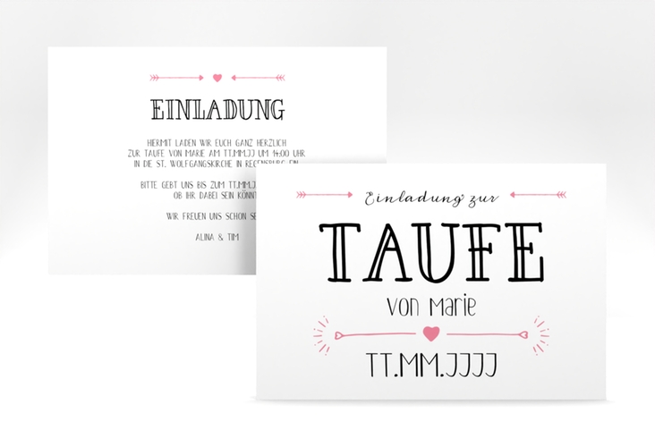 Taufeinladung Lettering A6 Karte quer rosa hochglanz