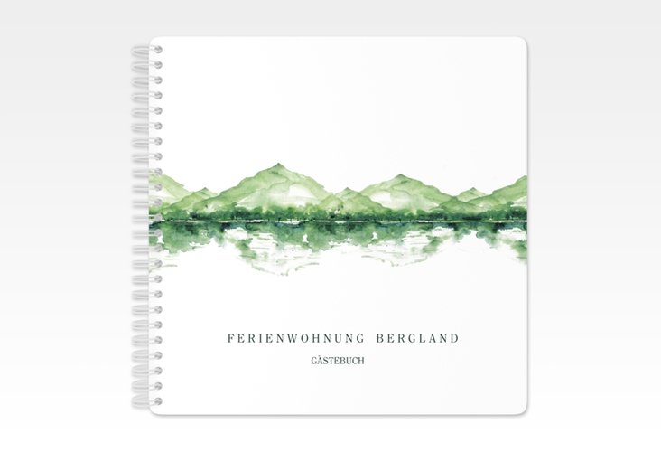 Gästebuch Ferienwohnung Bergland Ringbindung gruen mit Gebirgslandschaft