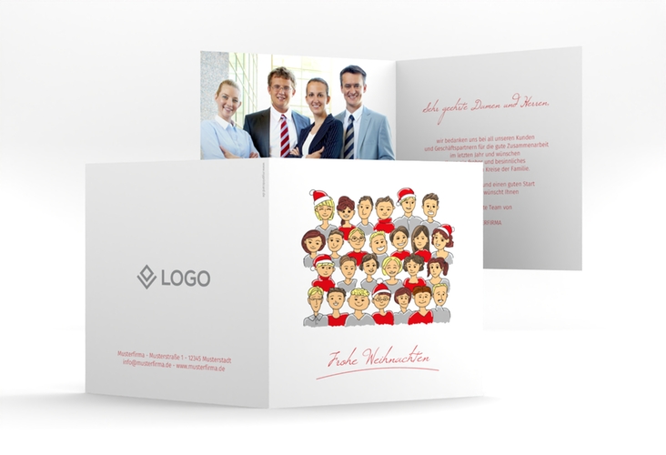 Business-Weihnachtskarte Team quadr. Klappkarte rot und weiß mit Illustration der Firmenbelegschaft