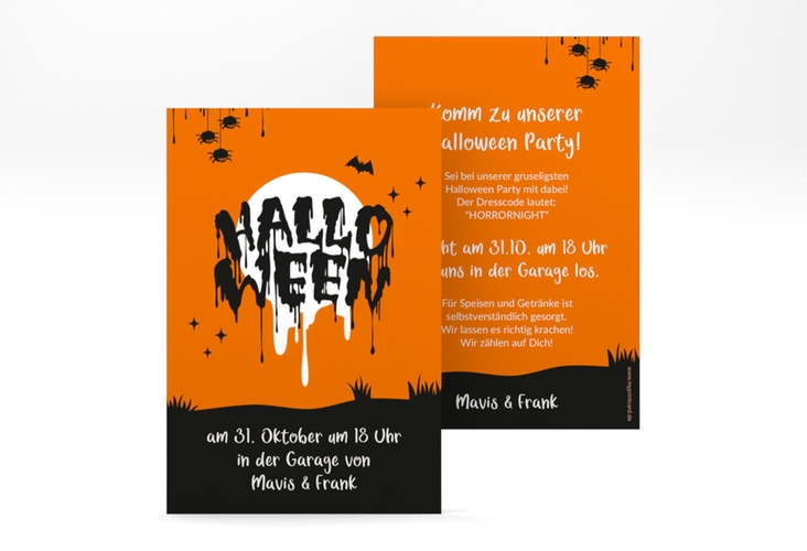 Party Einladung Happy Halloween A6 Karte hoch orange mit triefendem Schriftzug