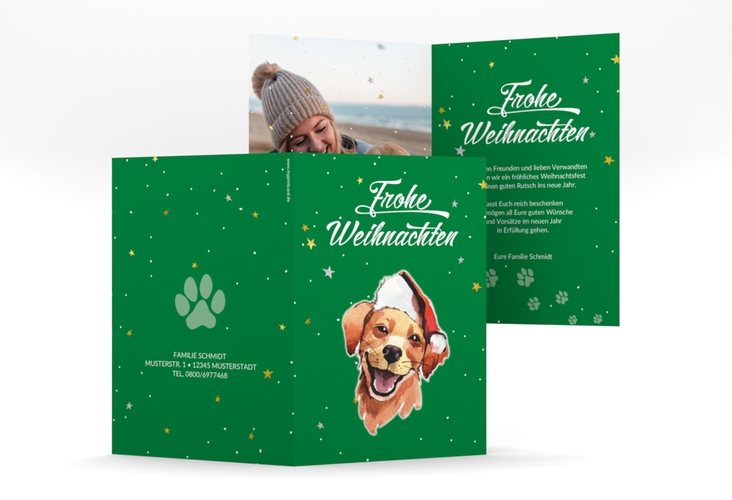 Weihnachtskarte Frosty A6 Klappkarte hoch gruen hochglanz mit Hund mit Nikolausmütze