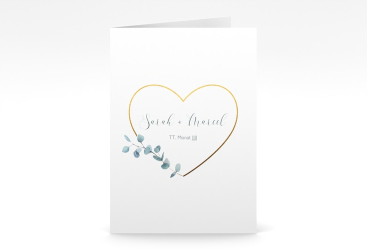 Einladungskarte Hochzeit Greenheart A6 Klappkarte hoch mit elegantem Herz und Eukalyptus-Zweig