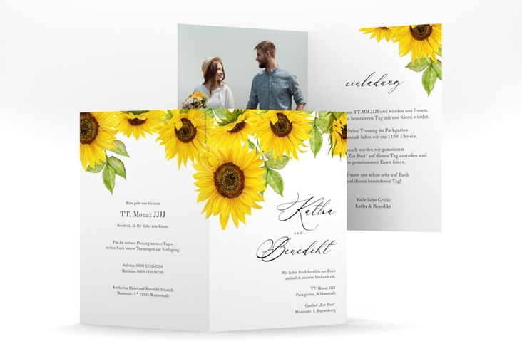Einladungskarte Hochzeit Sonnenblume A6 Klappkarte hoch weiss mit Blüten in Gelb