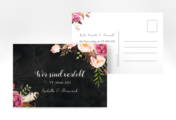 Verlobungskarte Hochzeit Flowers A6 Postkarte schwarz mit bunten Aquarell-Blumen