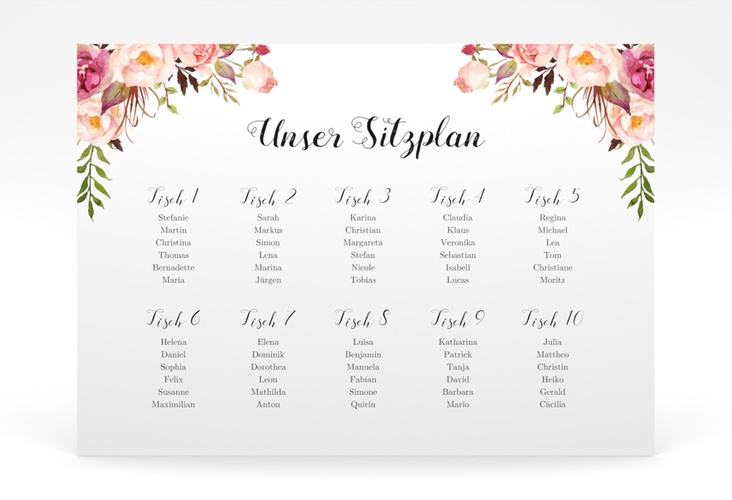 Sitzplan Poster Hochzeit Flowers 70 x 50 cm Poster weiss mit bunten Aquarell-Blumen