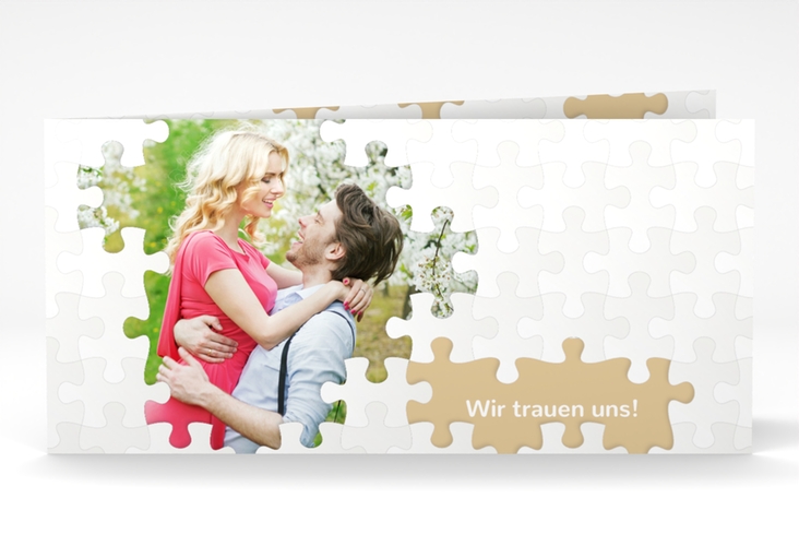 Hochzeitseinladung Puzzle lange Klappkarte quer beige