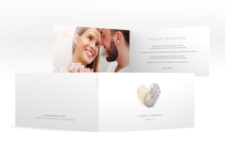 Hochzeitseinladung Fingerprint lange Klappkarte quer beige hochglanz schlicht mit Fingerabdruck-Motiv