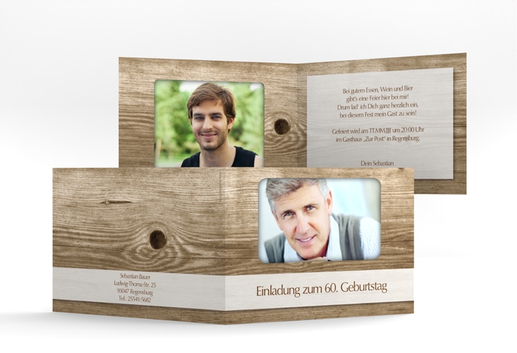 Einladung 60. Geburtstag Michael/Michaela A6 Klappkarte quer hochglanz im rustikalen Holz-Design mit Foto