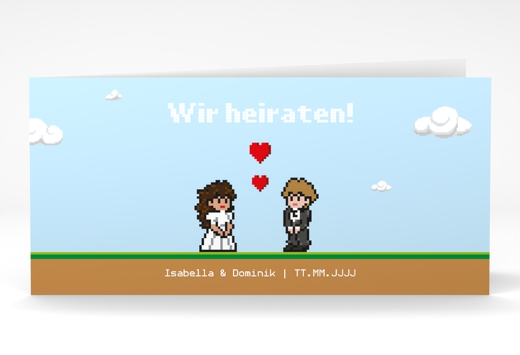 Hochzeitseinladung Pixel lange Klappkarte quer bunt