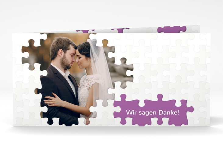 Dankeskarte Hochzeit Puzzle lange Klappkarte quer lila hochglanz