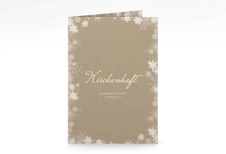 Kirchenheft Hochzeit  Snowfall A5 Klappkarte hoch Kraftpapier mit Schneeflocken für Winterhochzeit