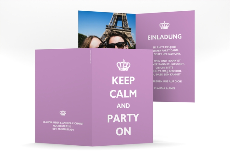 Partyeinladung Statement A6 Klappkarte hoch lila mit Keep-Calm-Spruch