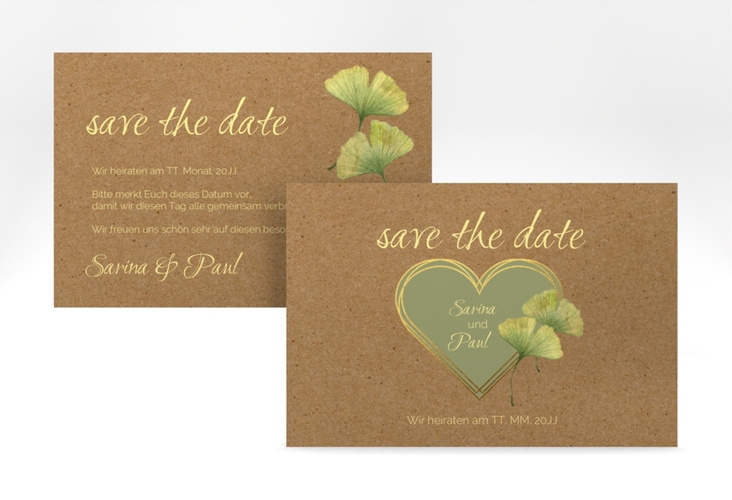 Save the Date-Karte Ginko A6 Karte quer Kraftpapier mit Herz und zwei Ginkgo-Blättern