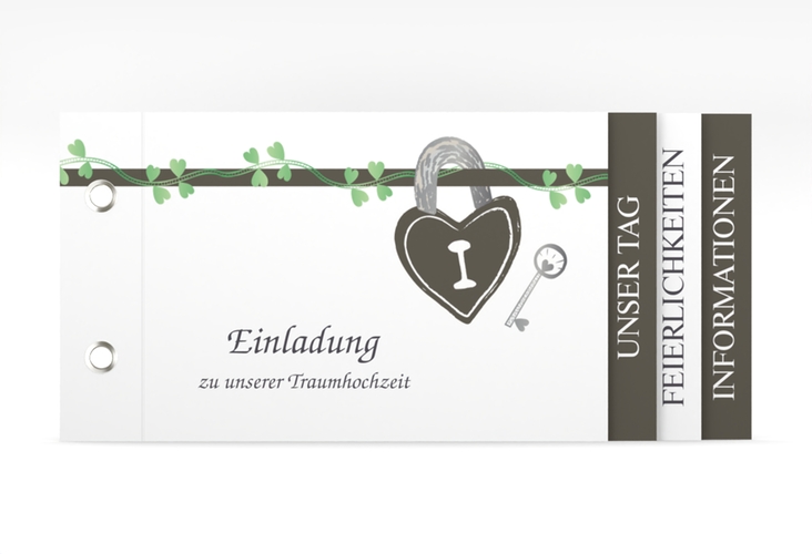 Hochzeitseinladung Oviedo Booklet gruen mit Liebesschloss und Schlüssel