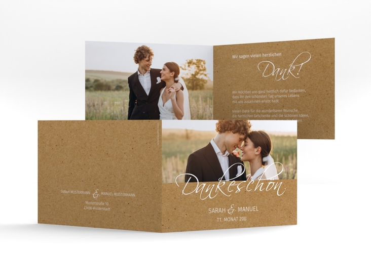 Dankeskarte Hochzeit Big Picture A6 Klappkarte quer Kraftpapier hochglanz mit Foto des Brautpaars