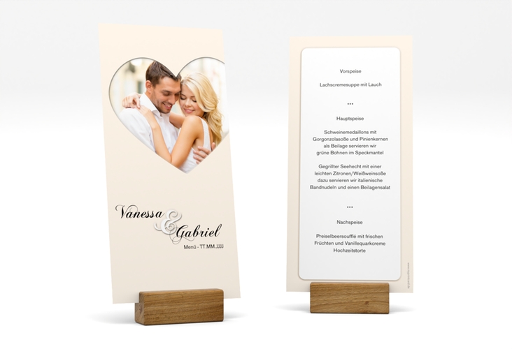 Menükarte Hochzeit Sweetheart lange Karte hoch beige