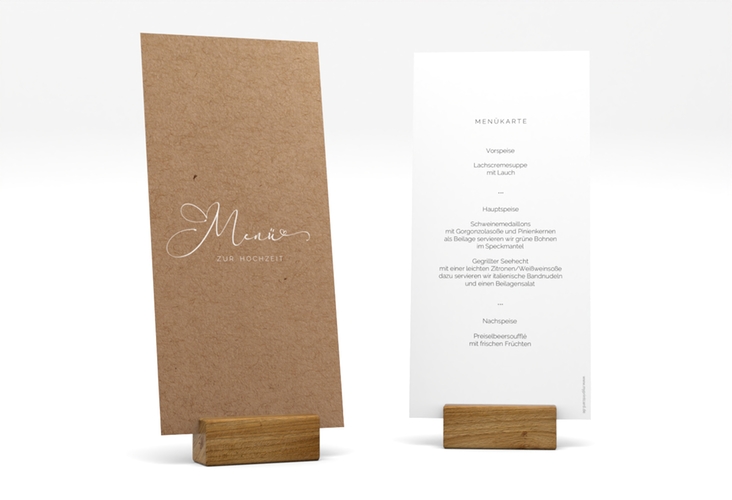 Menükarte Hochzeit Jawort lange Karte hoch Kraftpapier modern minimalistisch mit veredelter Aufschrift