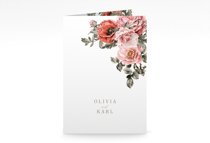 Menükarte Hochzeit Grazioso A5 Klappkarte hoch modern mit Mohnblumen und Rosen