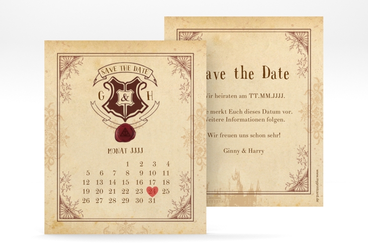 Save the Date-Kalenderblatt Zauberkunst Kalenderblatt-Karte beige hochglanz mit Fantasy-Wappen, Siegel und Zauberschule
