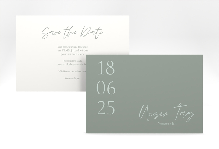 Save the Date-Karte Day A6 Karte quer gruen hochglanz mit Datum im minimalistischen Design