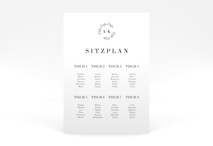 Sitzplan Poster Hochzeit Filigrana 50 x 70 cm Poster in reduziertem Design mit Initialen und zartem Blätterkranz