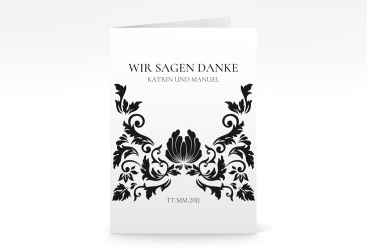 Danksagungskarte Hochzeit Royal A6 Klappkarte hoch weiss hochglanz mit barockem Blumen-Ornament