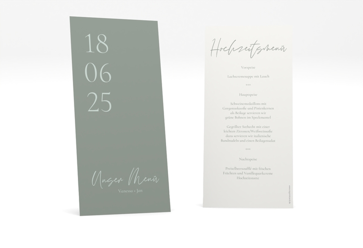 Menükarte Hochzeit Day lange Karte hoch gruen mit Datum im minimalistischen Design