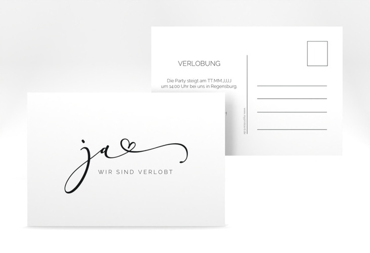 Verlobungskarte Hochzeit Jawort A6 Postkarte weiss modern minimalistisch mit veredelter Aufschrift