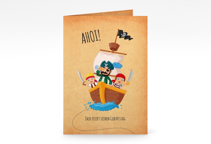 Einladungskarte Kindergeburtstag Schatzkarte A6 Klappkarte hoch mit Piraten auf See