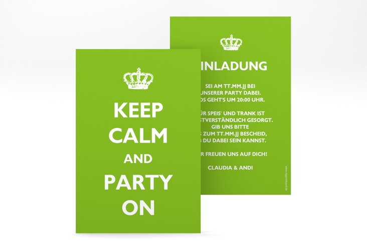 Party Einladungskarte Statement A6 Karte hoch gruen mit Keep-Calm-Spruch