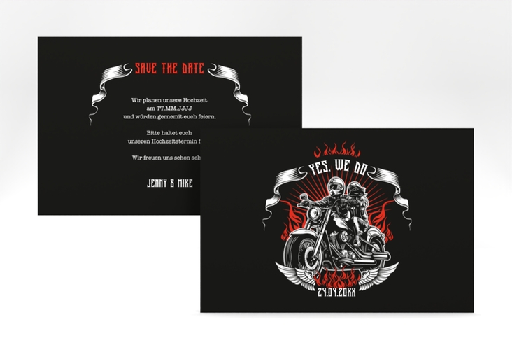 Save the Date-Karte Biker A6 Karte quer mit Rocker-Paar auf Motorrad