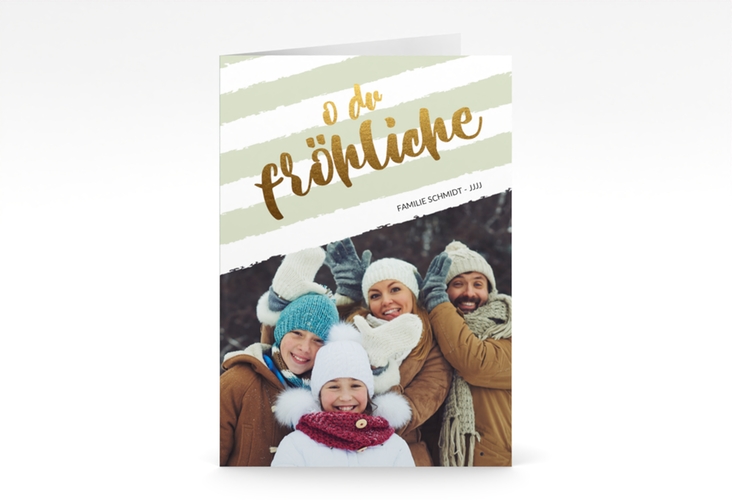 Weihnachtskarte Weihnachtslied A6 Klappkarte hoch gruen hochglanz gestreift mit Familienfoto