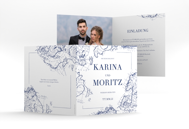 Hochzeitseinladung Voyage quadr. Klappkarte blau