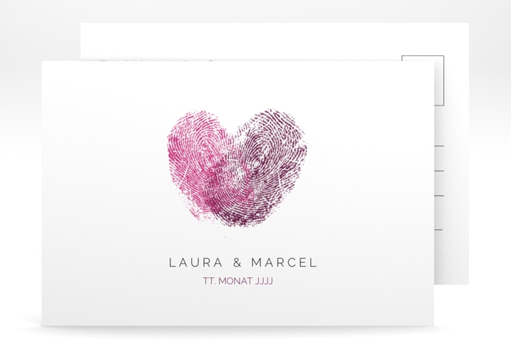 Antwortkarte Hochzeit Fingerprint A6 Postkarte pink schlicht mit Fingerabdruck-Motiv