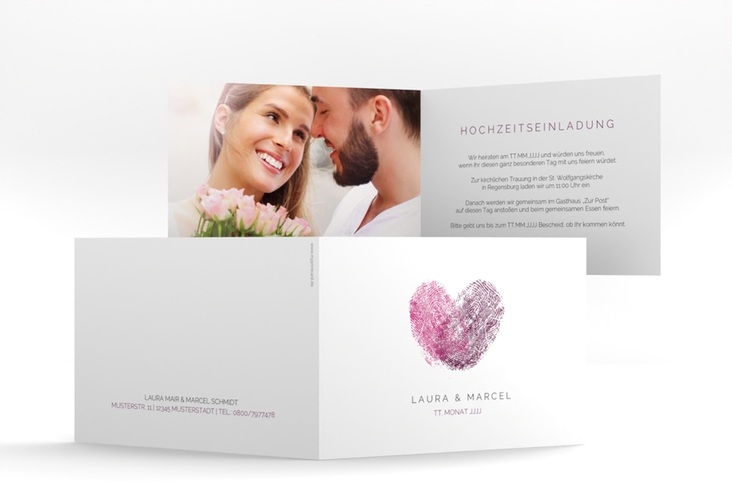 Hochzeitseinladung Fingerprint A6 Klappkarte quer pink schlicht mit Fingerabdruck-Motiv