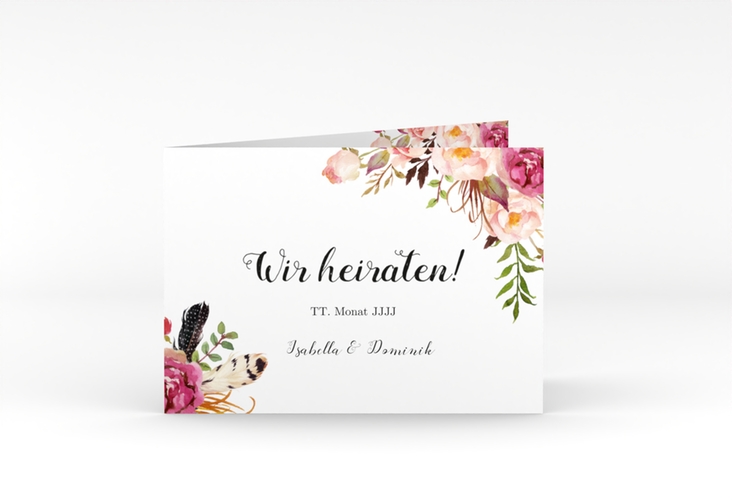 Hochzeitseinladung Flowers A6 Klappkarte quer weiss mit bunten Aquarell-Blumen