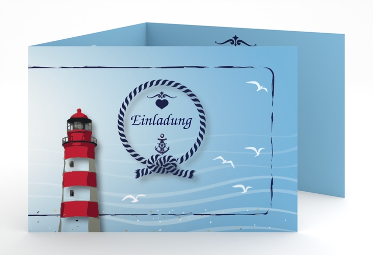 Hochzeitseinladung Sylt A6 Doppel-Klappkarte blau mit Leuchtturm