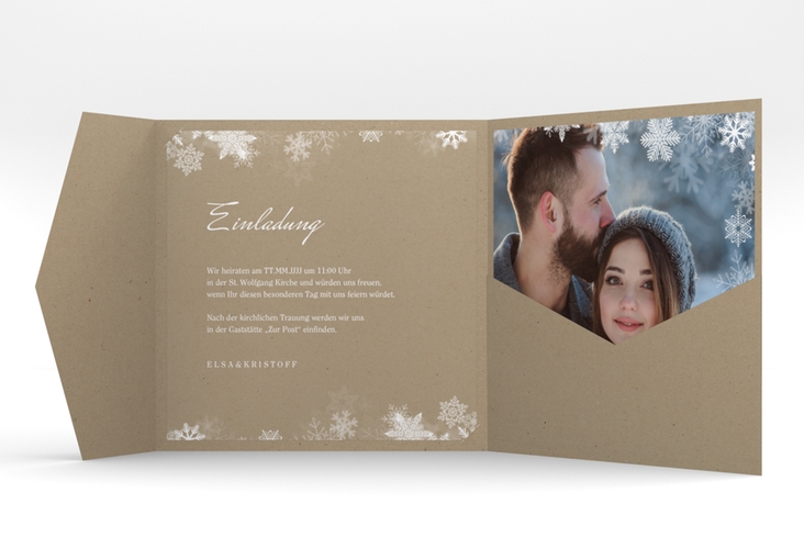 Hochzeitseinladung Snowfall Pocketfold Kraftpapier mit Schneeflocken für Winterhochzeit