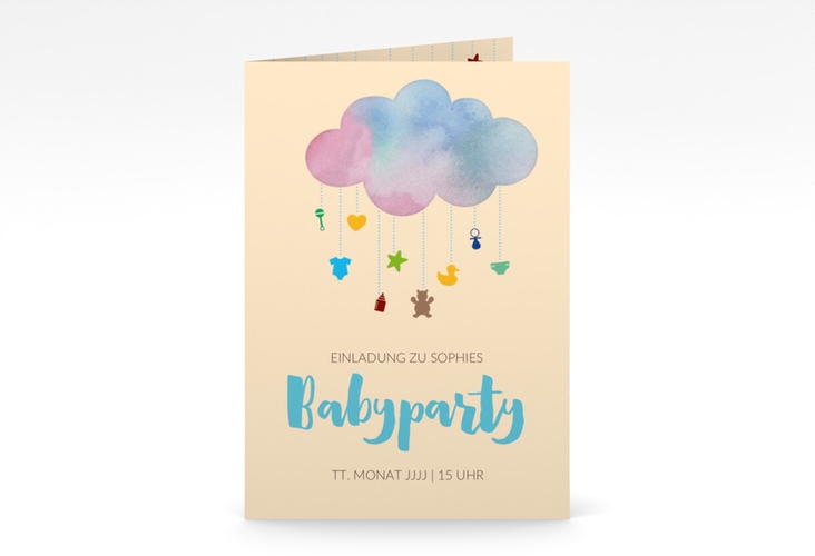 Partyeinladung Babyparty A6 Klappkarte hoch blau mit Wolken-Mobile