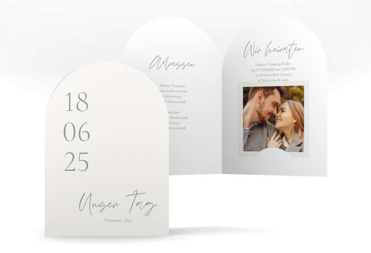 Einladungskarte Hochzeit Day A6 Bogen-Klappkarte + Foto weiss mit Datum im minimalistischen Design