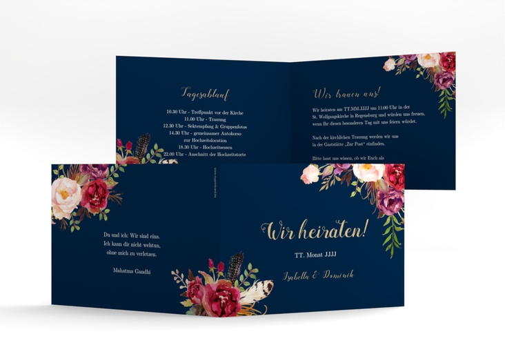 Hochzeitseinladung Flowers A6 Klappkarte quer blau hochglanz mit bunten Aquarell-Blumen