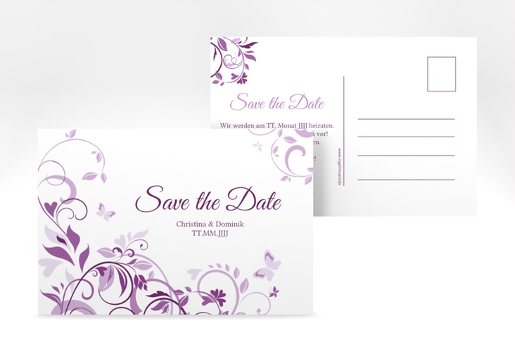 Save the Date-Postkarte Lilly A6 Postkarte lila hochglanz