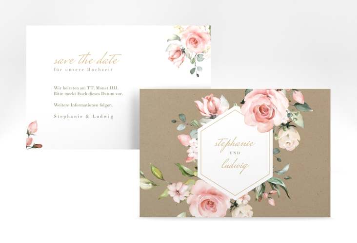 Save the Date-Karte Graceful A6 Karte quer hochglanz mit Rosenblüten in Rosa und Weiß