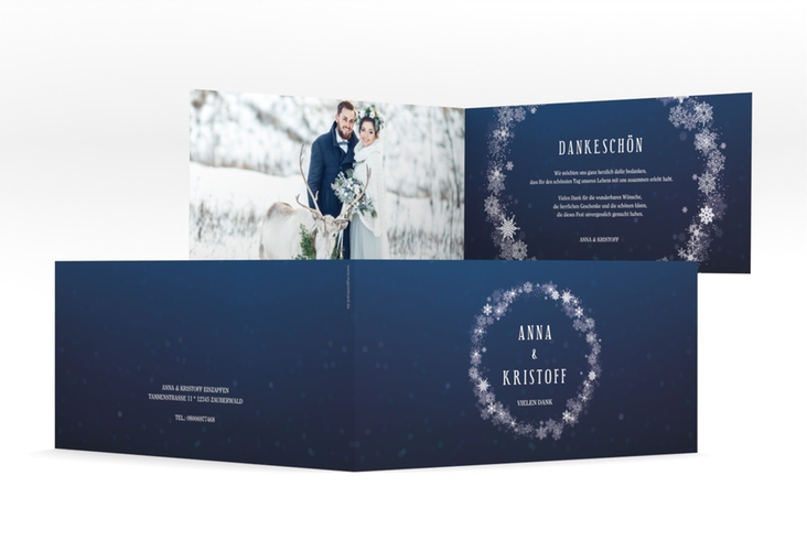 Dankeskarte Hochzeit Winterdream lange Klappkarte quer blau mit Eisblumen