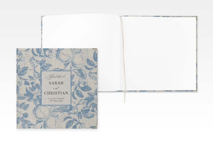 Gästebuch Selection Hochzeit Toile Leinen-Hardcover blau mit Blättermuster im Toile-de-Jouy-Stil