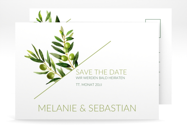 Save the Date-Postkarte Olivenzweig A6 Postkarte weiss hochglanz