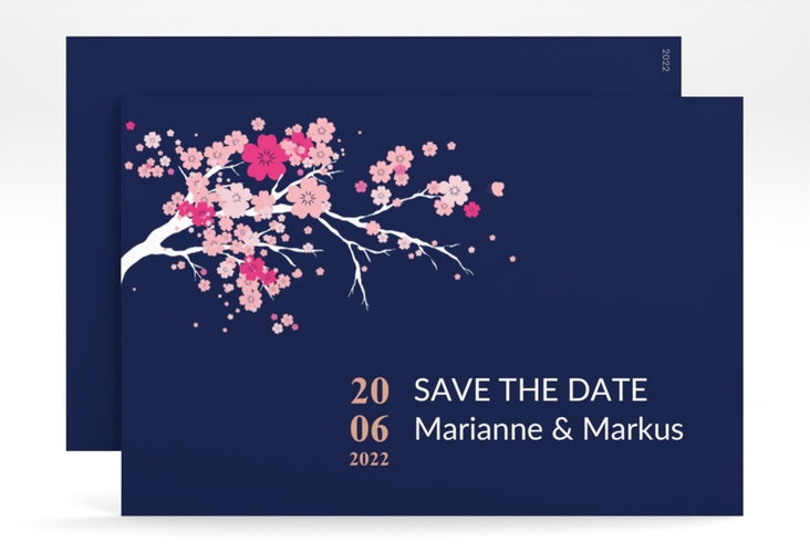 Save the Date-Karte Hochzeit Sakura A6 Karte quer blau