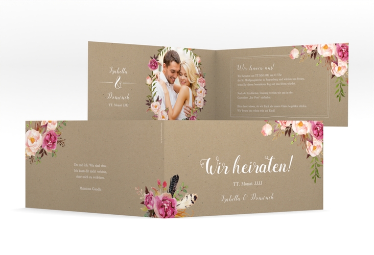 Hochzeitseinladung Flowers lange Klappkarte quer Kraftpapier mit bunten Aquarell-Blumen